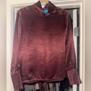 Burgundy Satin Blouse with Button up Neck